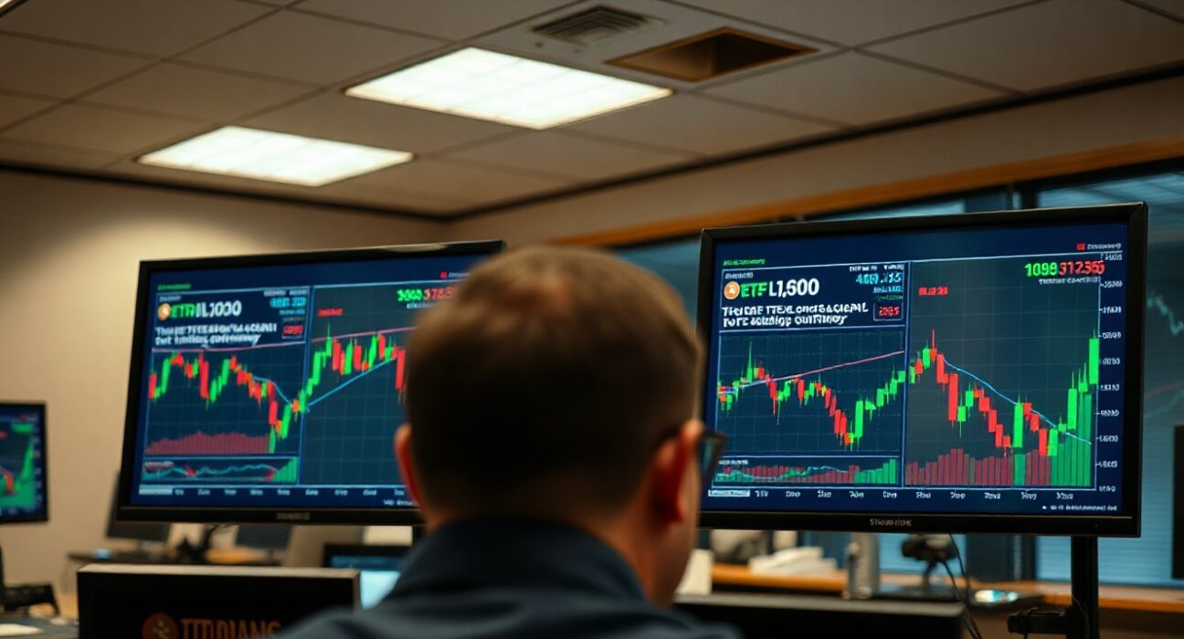 Trading monitors showing Bitcoin price charts and ETF flow data in a professional office