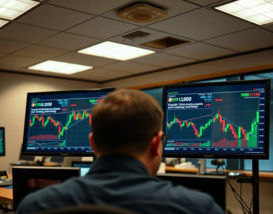 Trading monitors showing Bitcoin price charts and ETF flow data in a professional office