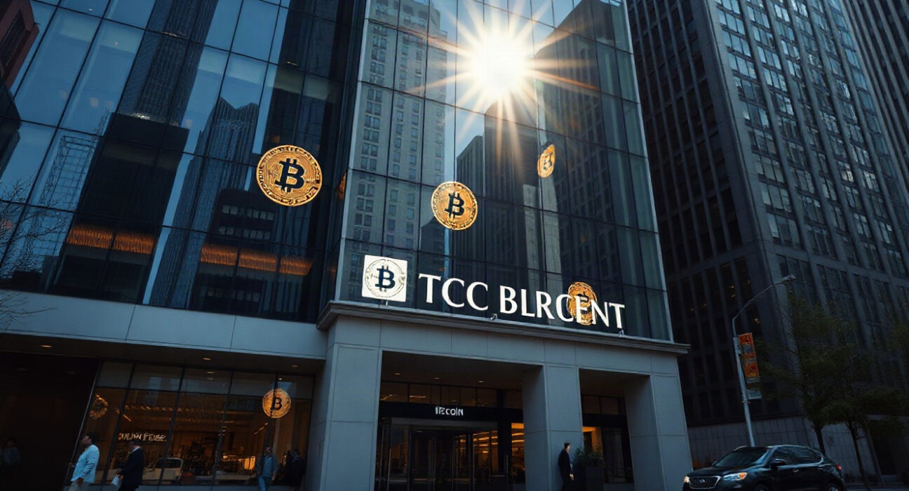 Modern financial building with subtle Bitcoin symbol reflections, representing spot Bitcoin ETF market movements