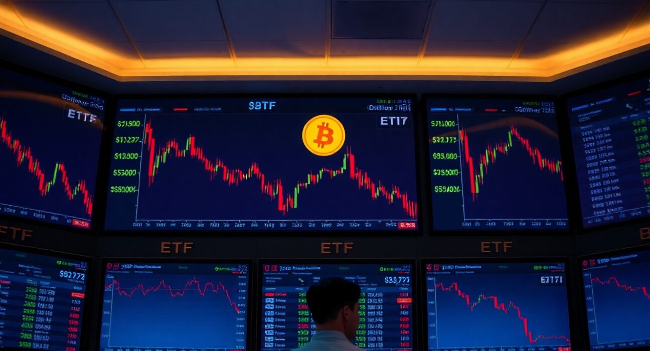 Financial trading desk with Bitcoin price charts and ETF tickers showing market decline