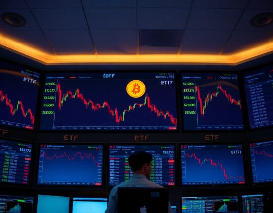 Financial trading desk with Bitcoin price charts and ETF tickers showing market decline