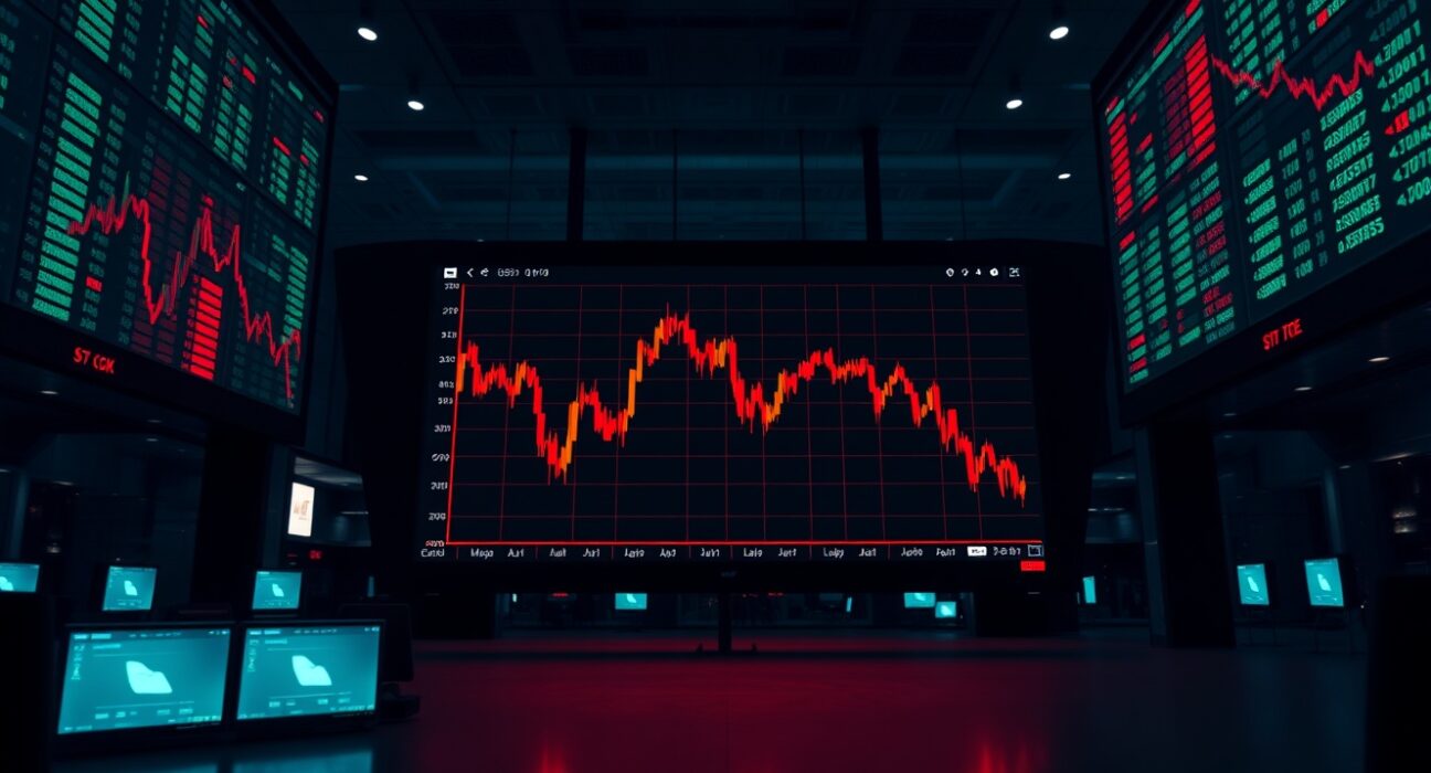Trading floor with Bitcoin price chart showing red candlesticks and downward trend