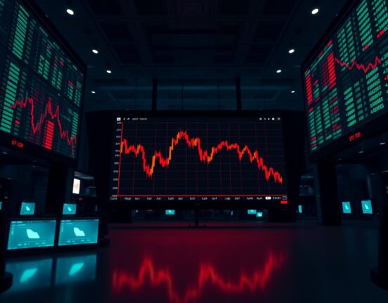 Trading floor with Bitcoin price chart showing red candlesticks and downward trend