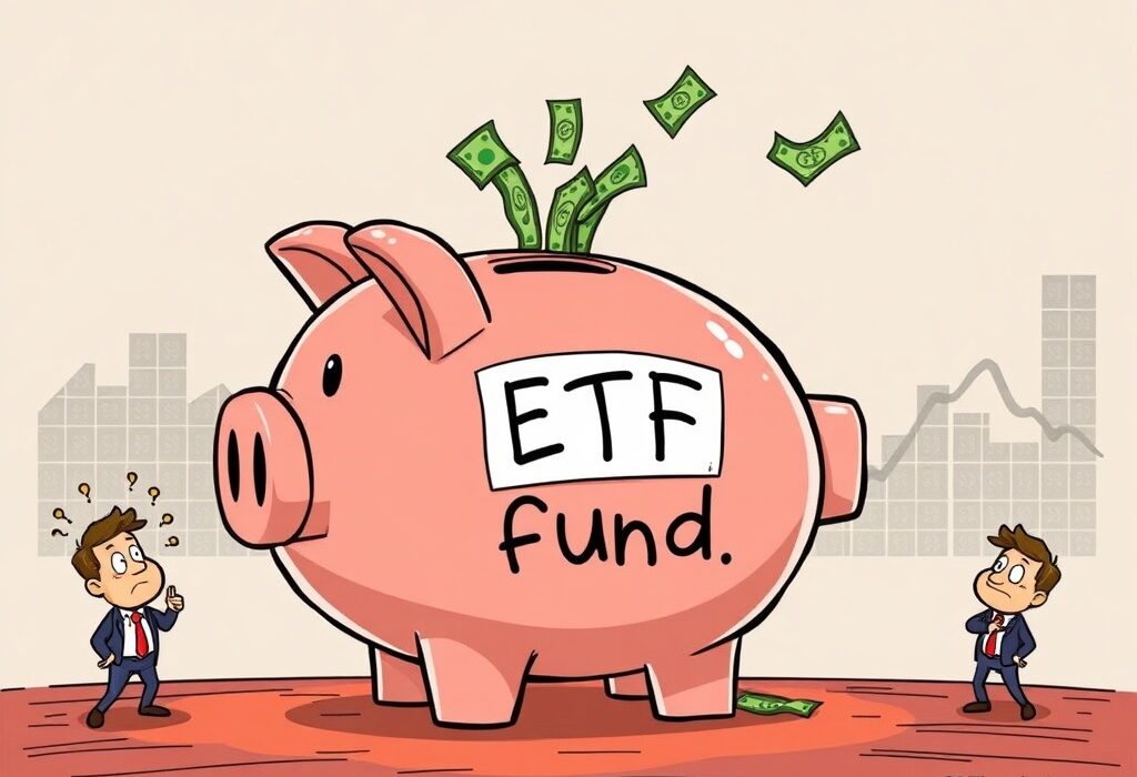 Cartoon illustration showing money flowing out of a large Bitcoin symbol, representing the recent net outflow from Spot Bitcoin ETFs.