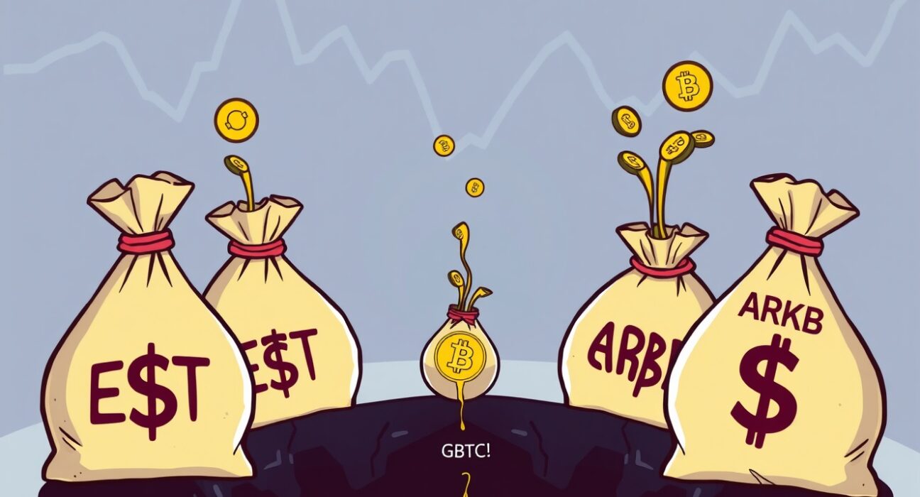Cartoon illustration showing net outflows from Spot Bitcoin ETFs, highlighting the recent market trend.