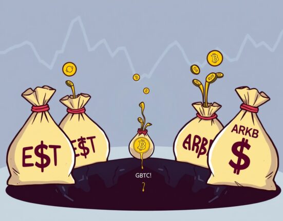 Cartoon depicting funds exiting a large investment vehicle, symbolizing the recent net outflow from Spot Bitcoin ETFs.