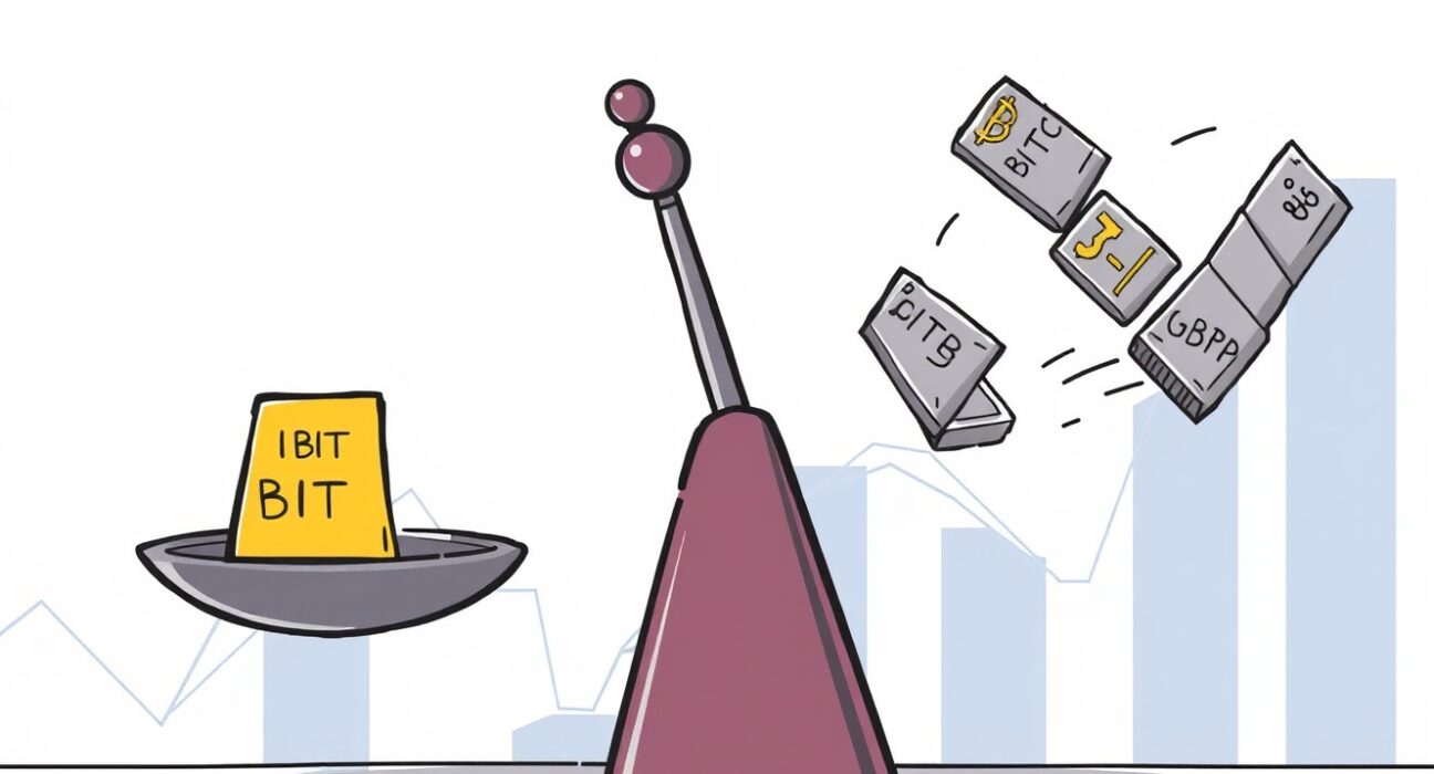 Cartoon illustration showing the imbalance in spot Bitcoin ETFs with BlackRock's fund weighing down the scale.