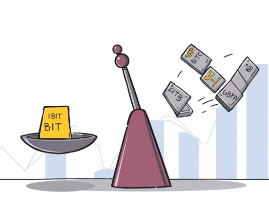 Cartoon illustration showing the imbalance in spot Bitcoin ETFs with BlackRock's fund weighing down the scale.