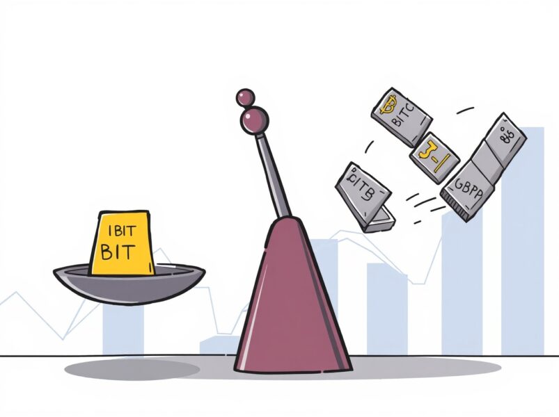Cartoon illustration showing the imbalance in spot Bitcoin ETFs with BlackRock's fund weighing down the scale.