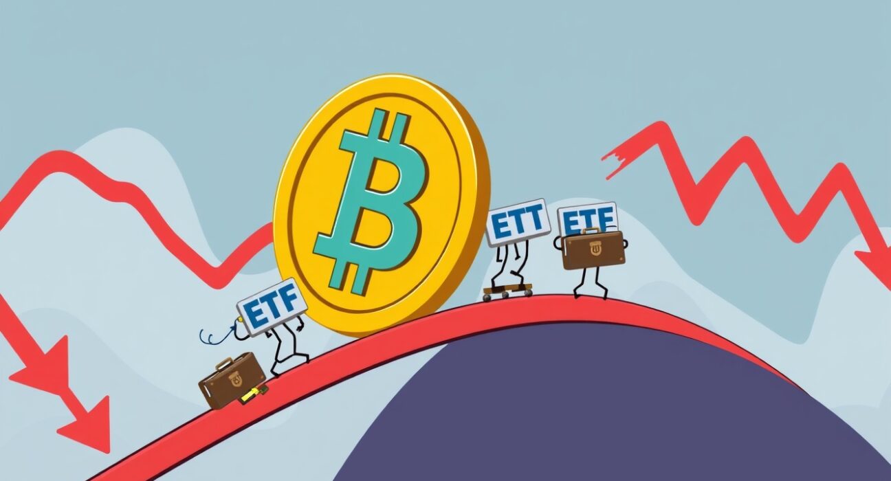 Cartoon illustration of spot Bitcoin ETFs experiencing a sharp market reversal and investor outflow.