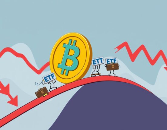 Cartoon illustration of spot Bitcoin ETFs experiencing a sharp market reversal and investor outflow.