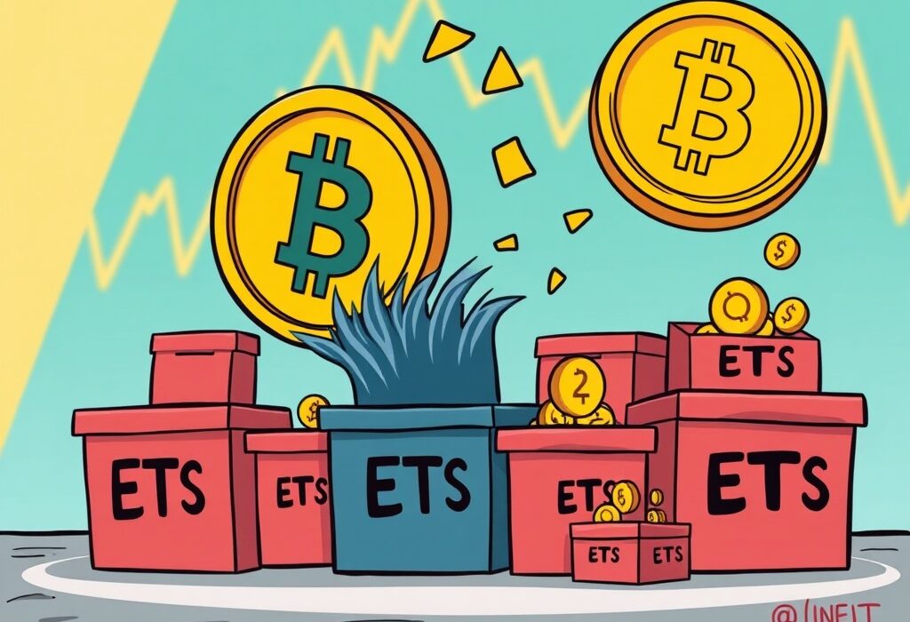 Cartoon illustration depicting net outflows from U.S. spot Bitcoin ETFs, symbolizing market shifts.