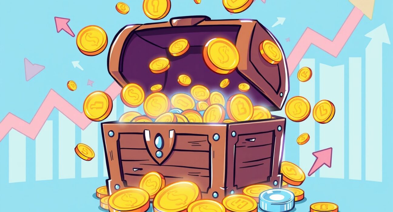 A cartoon illustration showing financial charts with red arrows indicating Spot Bitcoin ETFs net outflows, impacting the market.