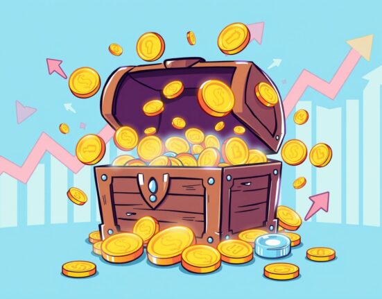 A cartoon illustration showing financial charts with red arrows indicating Spot Bitcoin ETFs net outflows, impacting the market.