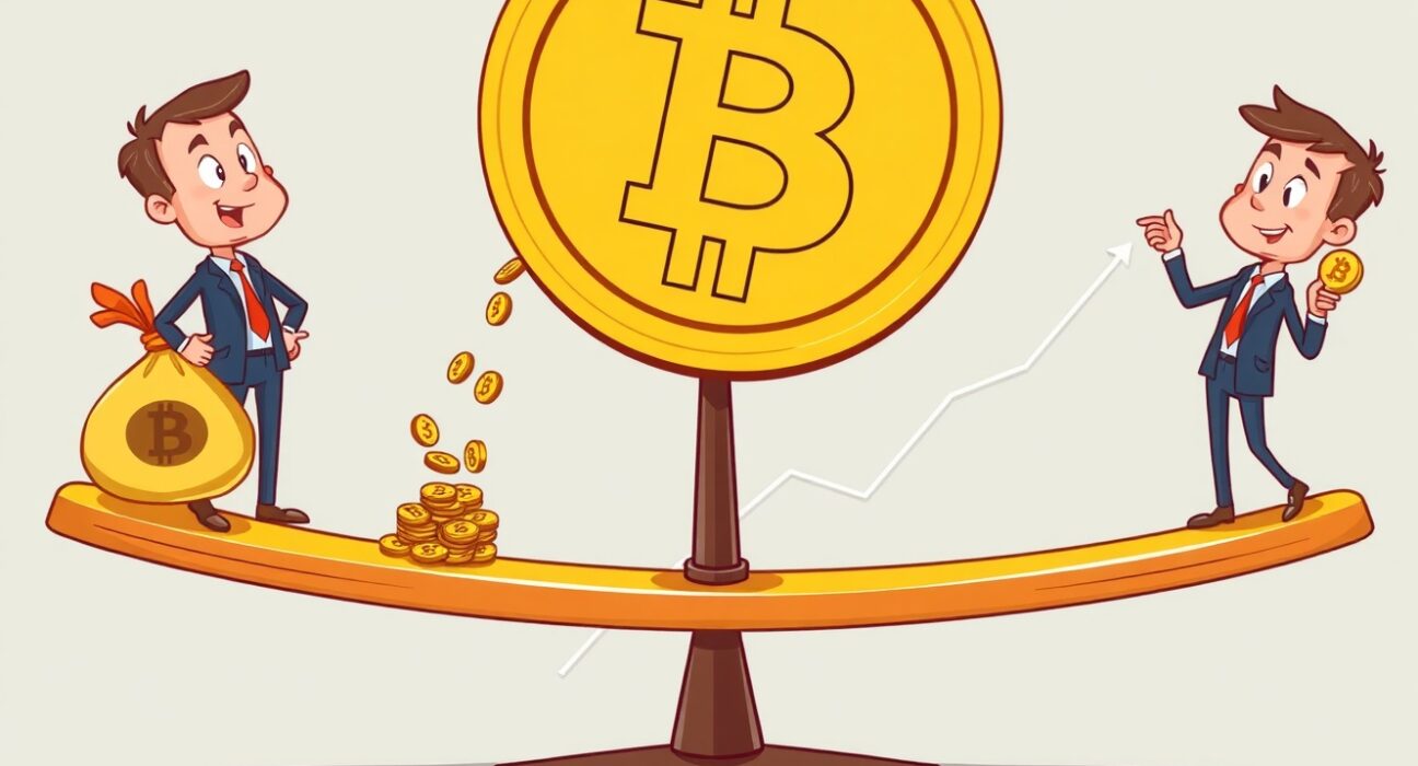 Cartoon illustration of spot Bitcoin ETFs experiencing a sharp reversal with money flowing out.