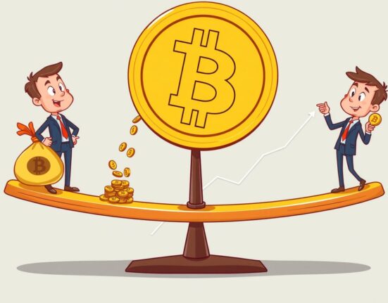 Cartoon illustration of spot Bitcoin ETFs experiencing a sharp reversal with money flowing out.