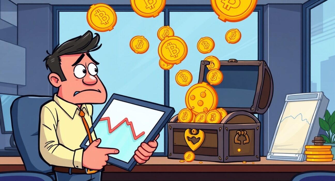 Cartoon illustration of spot Bitcoin ETFs experiencing significant investor withdrawals and market uncertainty.