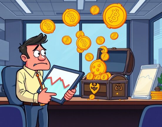 Cartoon illustration of spot Bitcoin ETFs experiencing significant investor withdrawals and market uncertainty.