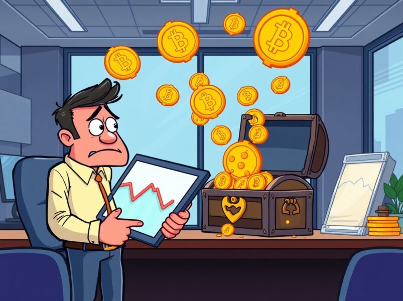 Cartoon illustration of spot Bitcoin ETFs experiencing significant investor withdrawals and market uncertainty.