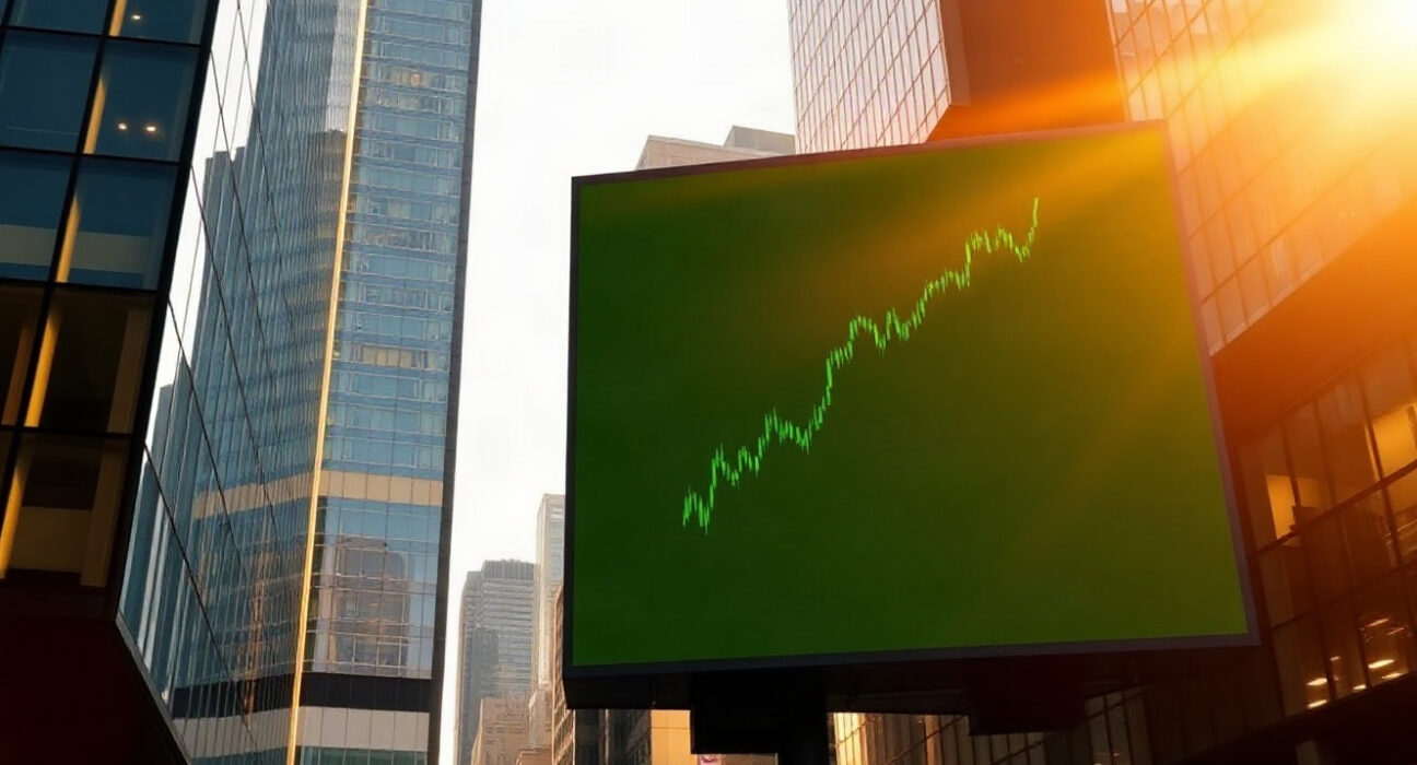Digital billboard displaying a rising Bitcoin price chart above a city skyline at sunset