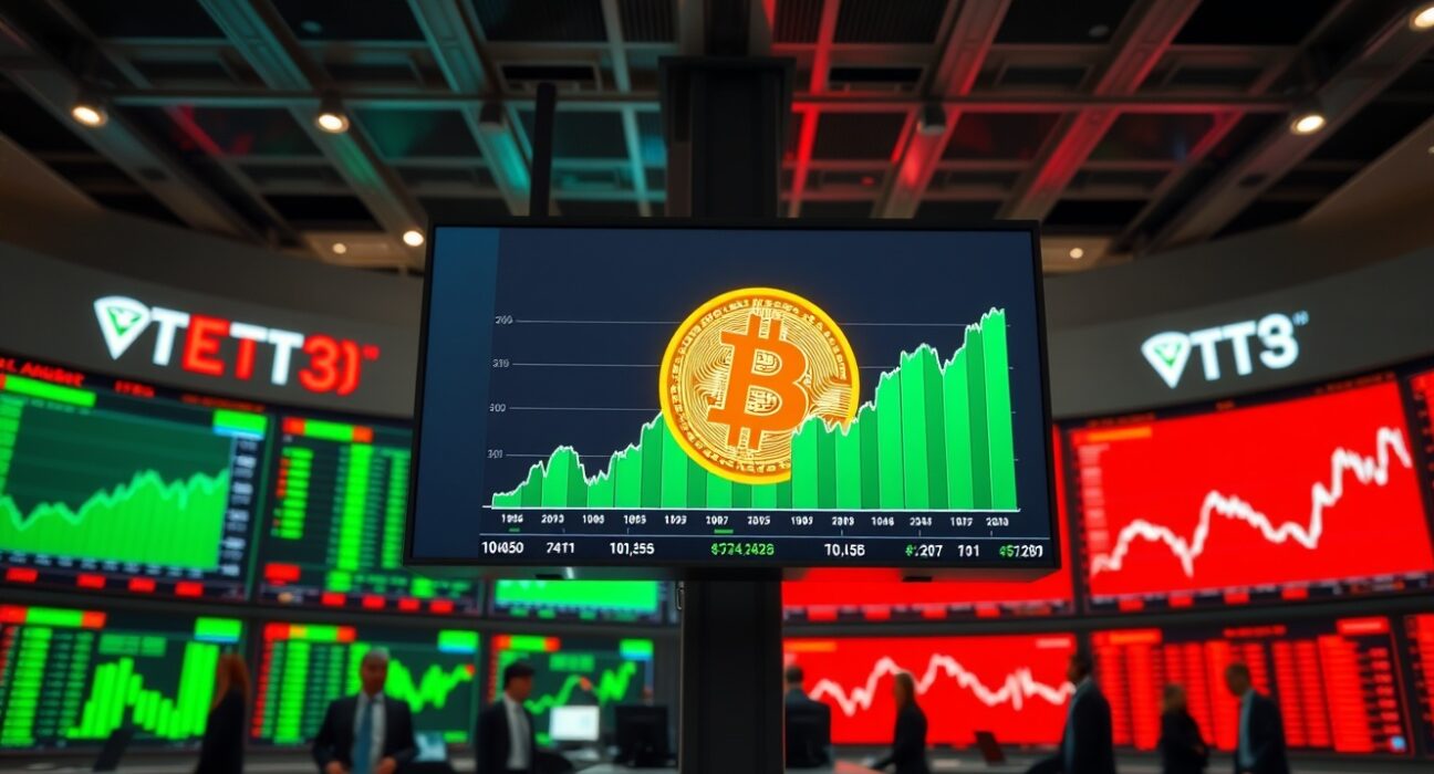 Digital trading screens showing Bitcoin price and ETF fund flow data on a professional trading floor
