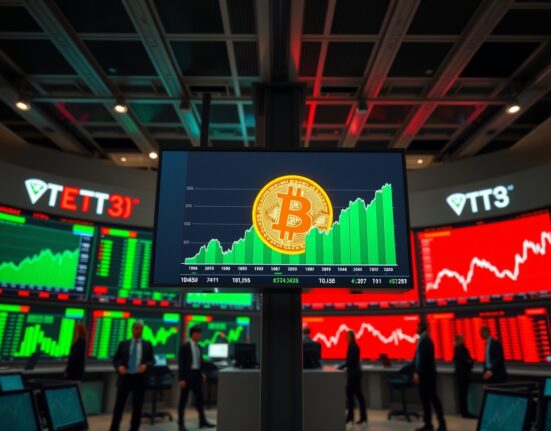Digital trading screens showing Bitcoin price and ETF fund flow data on a professional trading floor