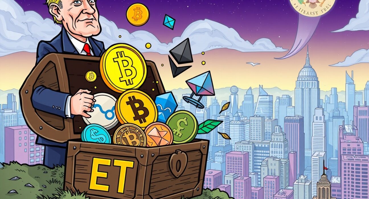An illustration of a treasure chest opening to reveal various crypto symbols, representing the exciting new opportunities brought by the SEC's approval of the spot crypto ETF.