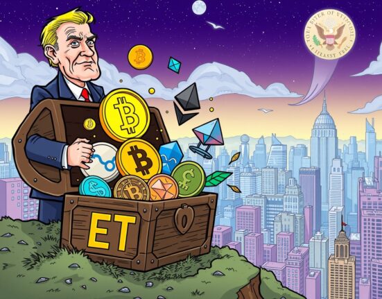 An illustration of a treasure chest opening to reveal various crypto symbols, representing the exciting new opportunities brought by the SEC's approval of the spot crypto ETF.