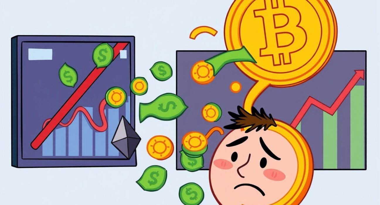 A cartoon illustration of money flowing out of cryptocurrency ETF symbols, representing significant Spot Crypto ETF outflows.