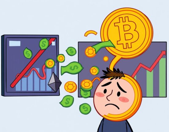 A cartoon illustration of money flowing out of cryptocurrency ETF symbols, representing significant Spot Crypto ETF outflows.