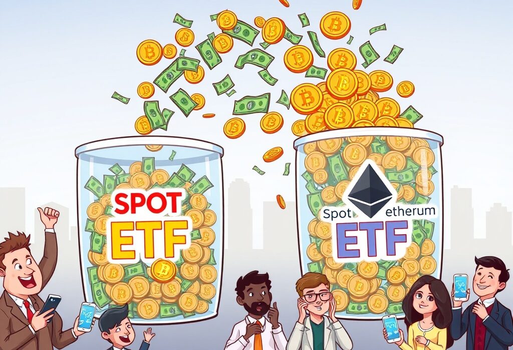 Cartoon showing strong net inflows into US spot crypto ETFs, highlighting growing investor confidence in digital asset funds.