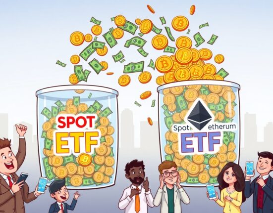 Cartoon showing strong net inflows into US spot crypto ETFs, highlighting growing investor confidence in digital asset funds.