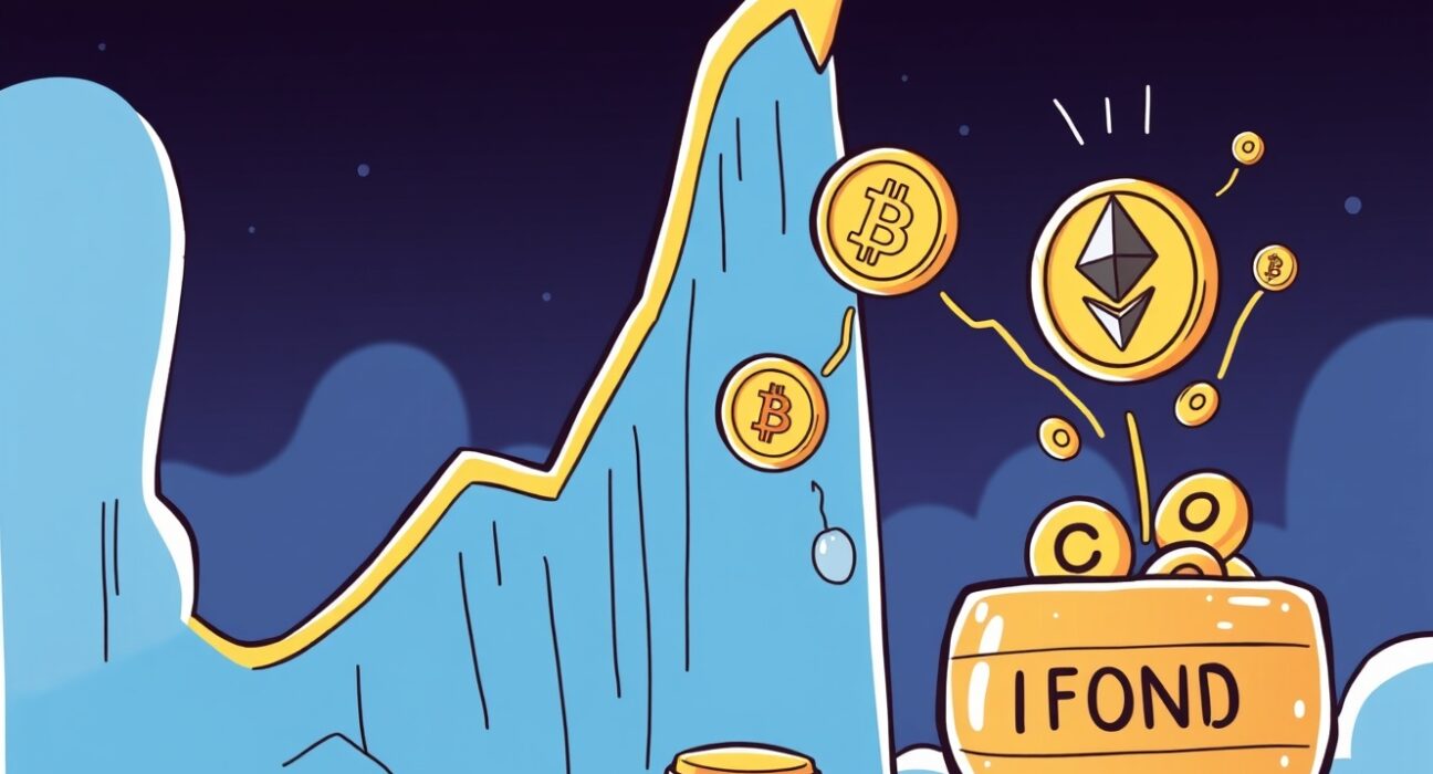 Vibrant cartoon showing Spot Crypto ETFs experiencing a remarkable surge in inflows for Bitcoin and Ethereum funds.