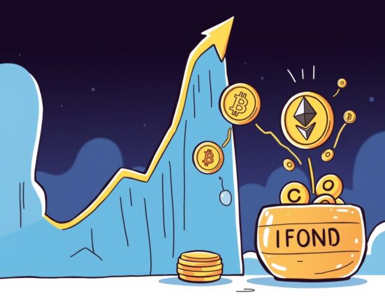 Vibrant cartoon showing Spot Crypto ETFs experiencing a remarkable surge in inflows for Bitcoin and Ethereum funds.