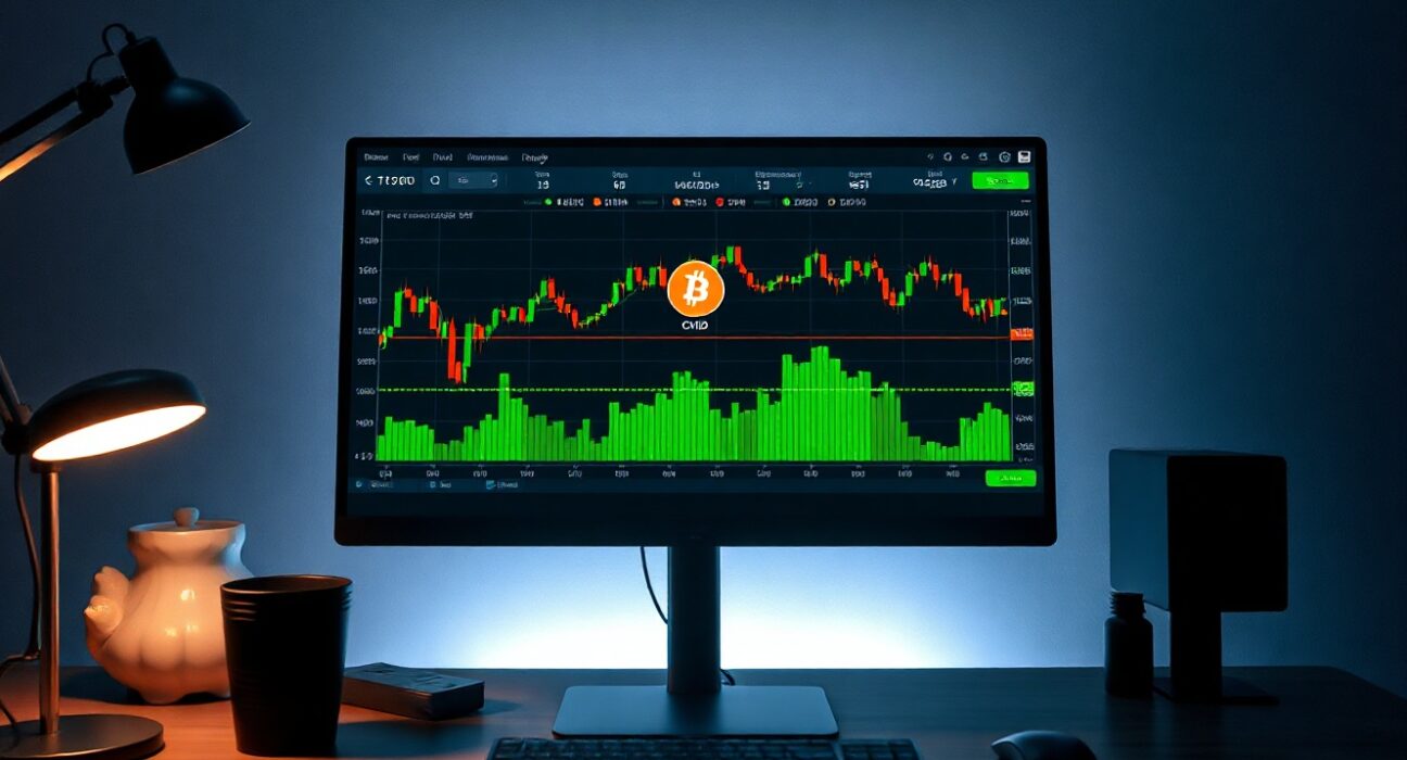 Trading monitor displaying BTC/USDT chart with volume heatmap and CVD indicator