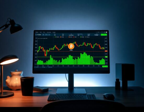 Trading monitor displaying BTC/USDT chart with volume heatmap and CVD indicator