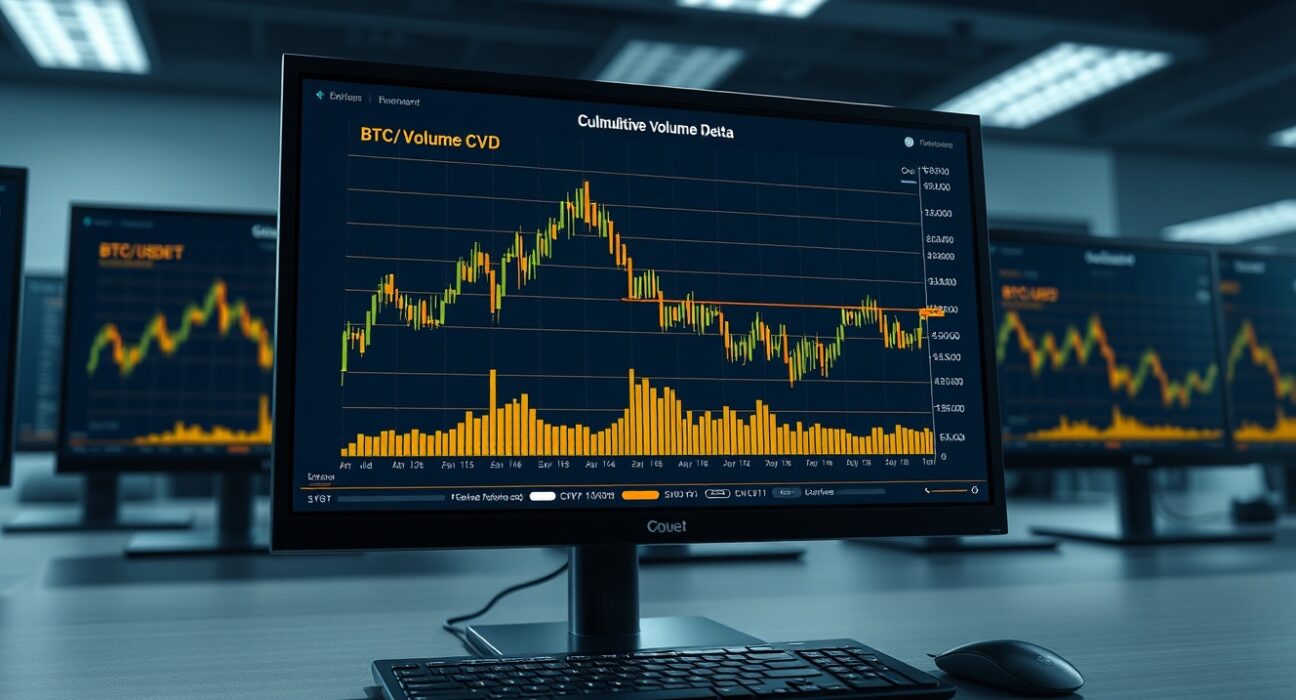 Spot CVD chart for BTC/USDT trading pair showing volume heatmap and cumulative volume delta indicator on April 27.