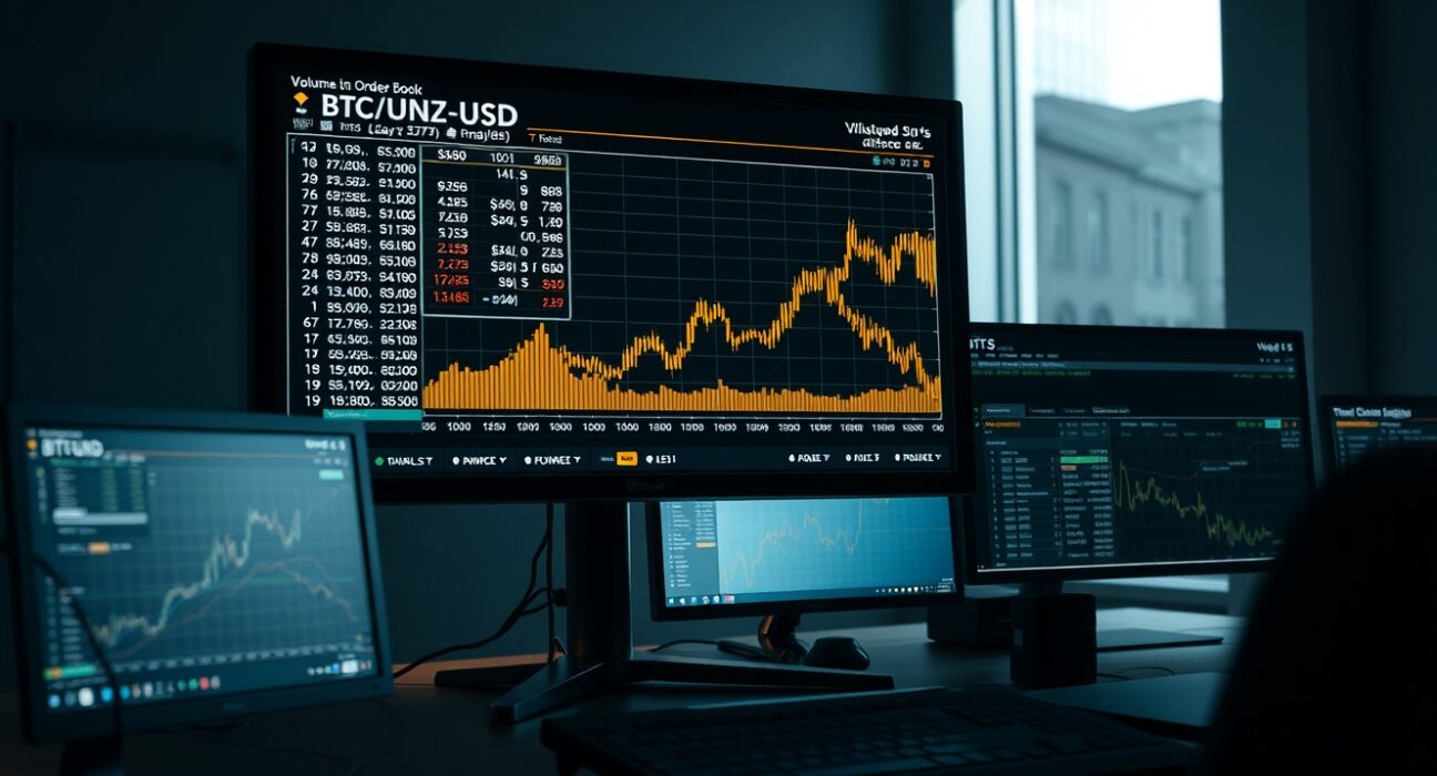 Professional trading desk with BTC/USD chart showing volume heatmap and cumulative volume delta indicators.