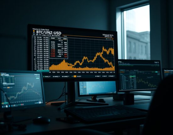 Professional trading desk with BTC/USD chart showing volume heatmap and cumulative volume delta indicators.