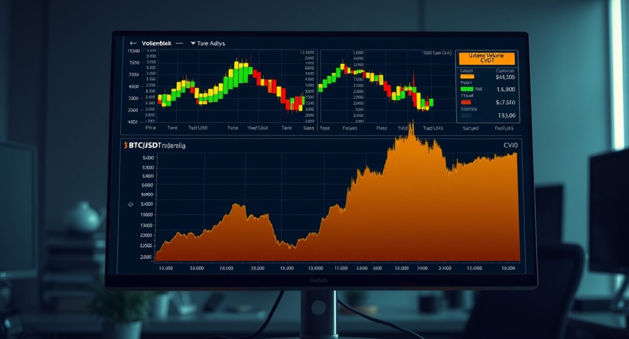 Trading monitor showing Spot CVD chart with volume heatmap and cumulative volume delta for BTC/USDT