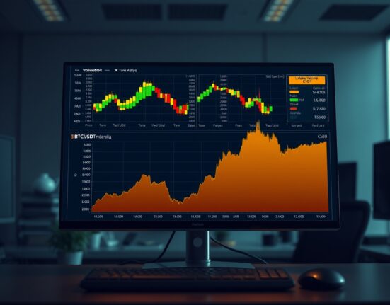 Trading monitor showing Spot CVD chart with volume heatmap and cumulative volume delta for BTC/USDT