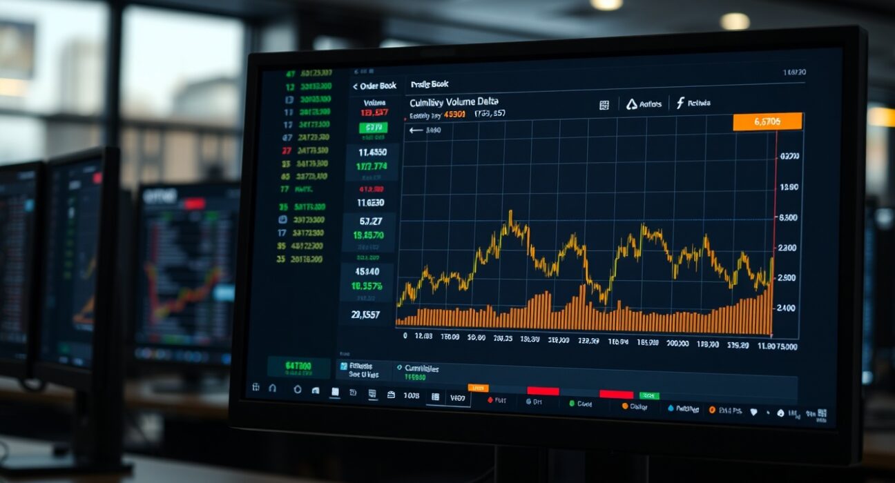 Trading monitor displaying BTC/USDT Spot CVD chart with volume heatmap and cumulative volume delta lines.