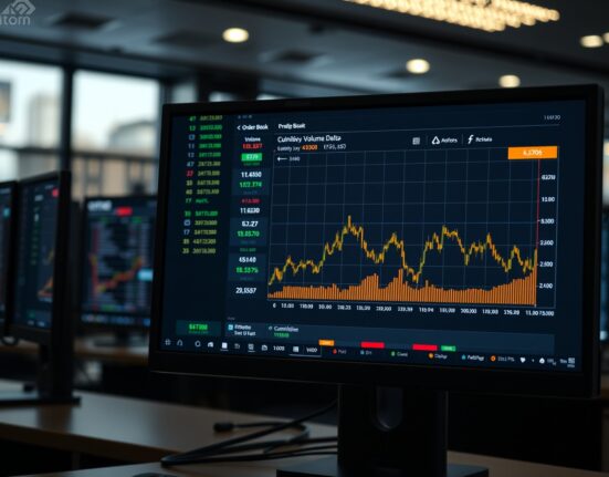 Trading monitor displaying BTC/USDT Spot CVD chart with volume heatmap and cumulative volume delta lines.