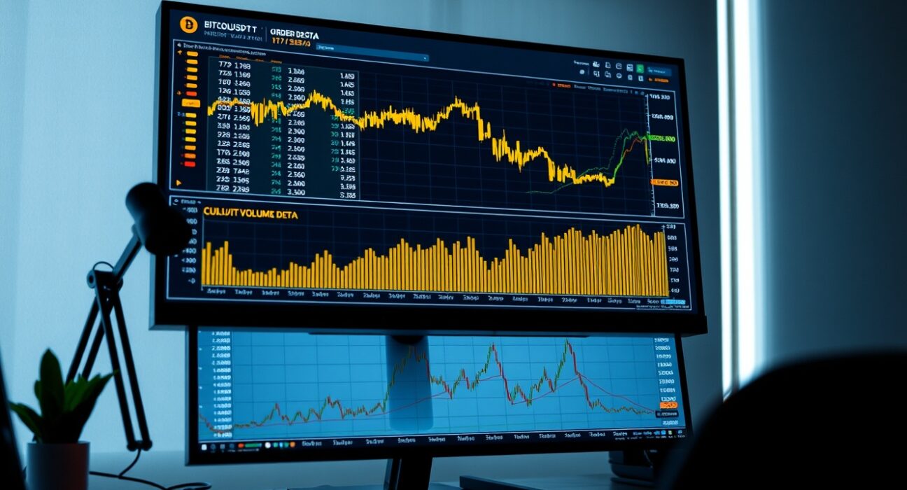 BTC/USDT spot CVD chart showing volume heatmap and cumulative volume delta indicators on a trading monitor.