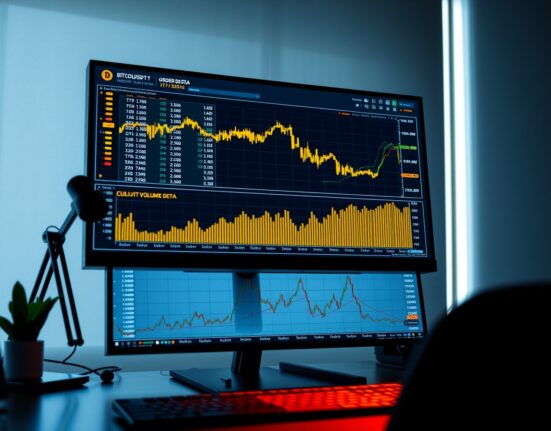BTC/USDT spot CVD chart showing volume heatmap and cumulative volume delta indicators on a trading monitor.