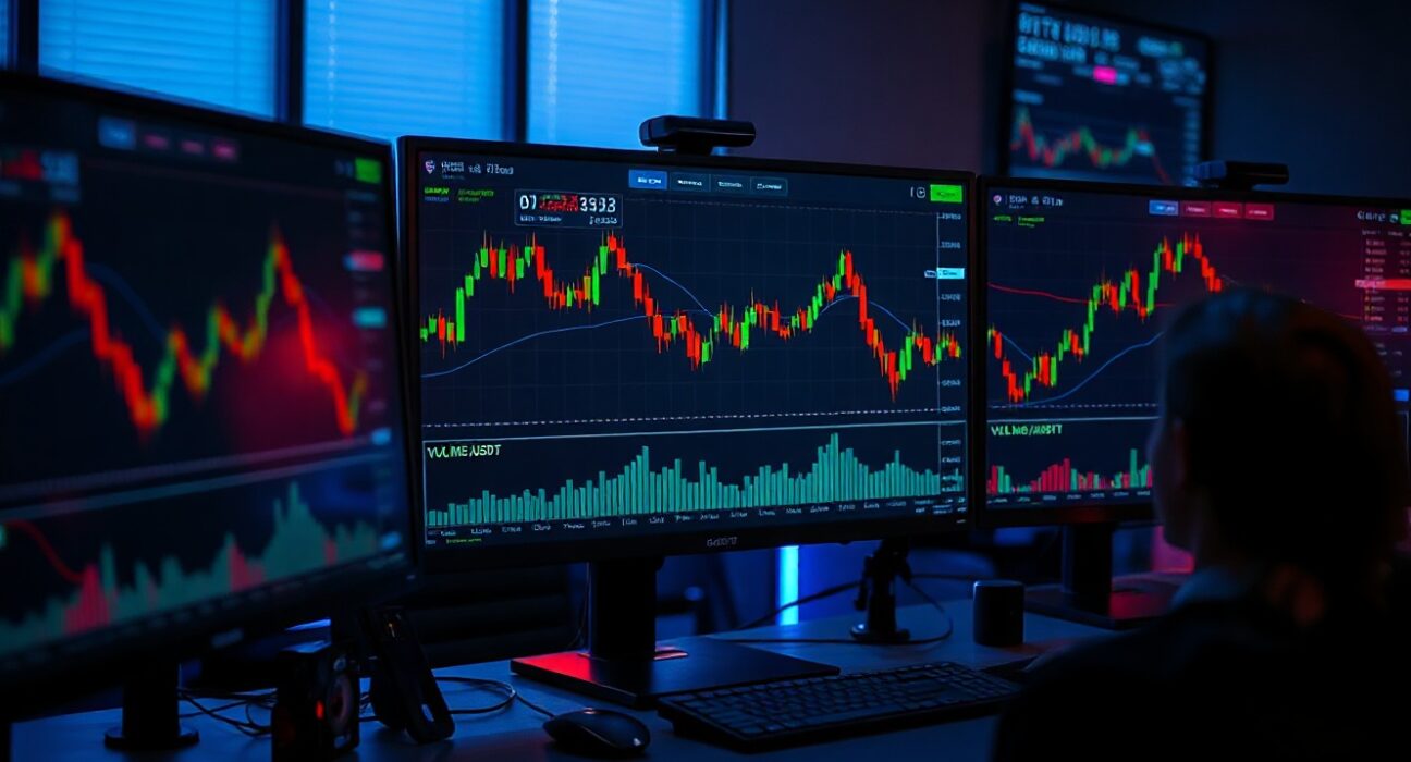 Bitcoin trading chart on a monitor showing Volume Heatmap and Cumulative Volume Delta indicators.