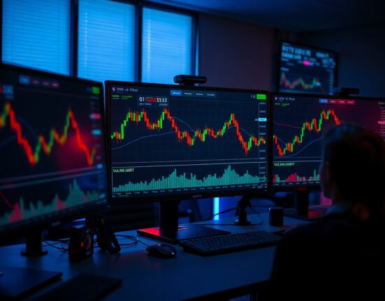 Bitcoin trading chart on a monitor showing Volume Heatmap and Cumulative Volume Delta indicators.