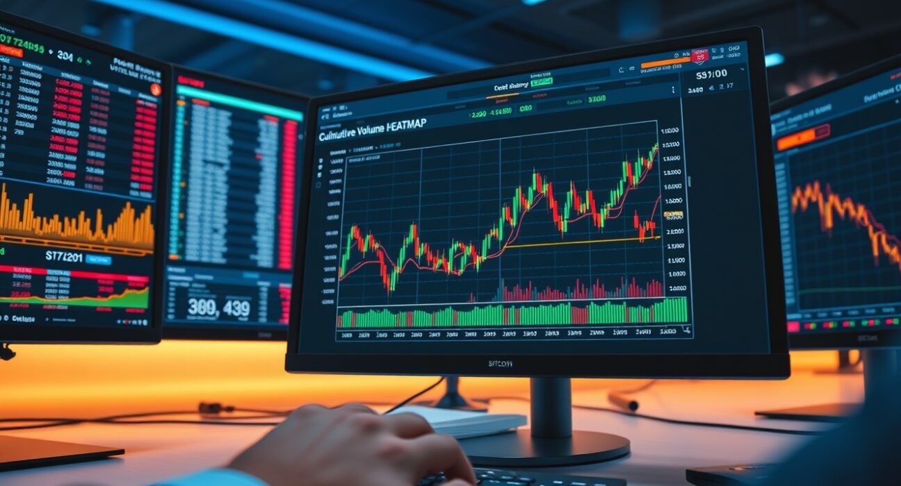 Trading monitor displaying Bitcoin cumulative volume delta chart and order book analysis.