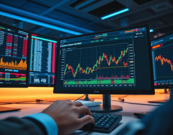Trading monitor displaying Bitcoin cumulative volume delta chart and order book analysis.