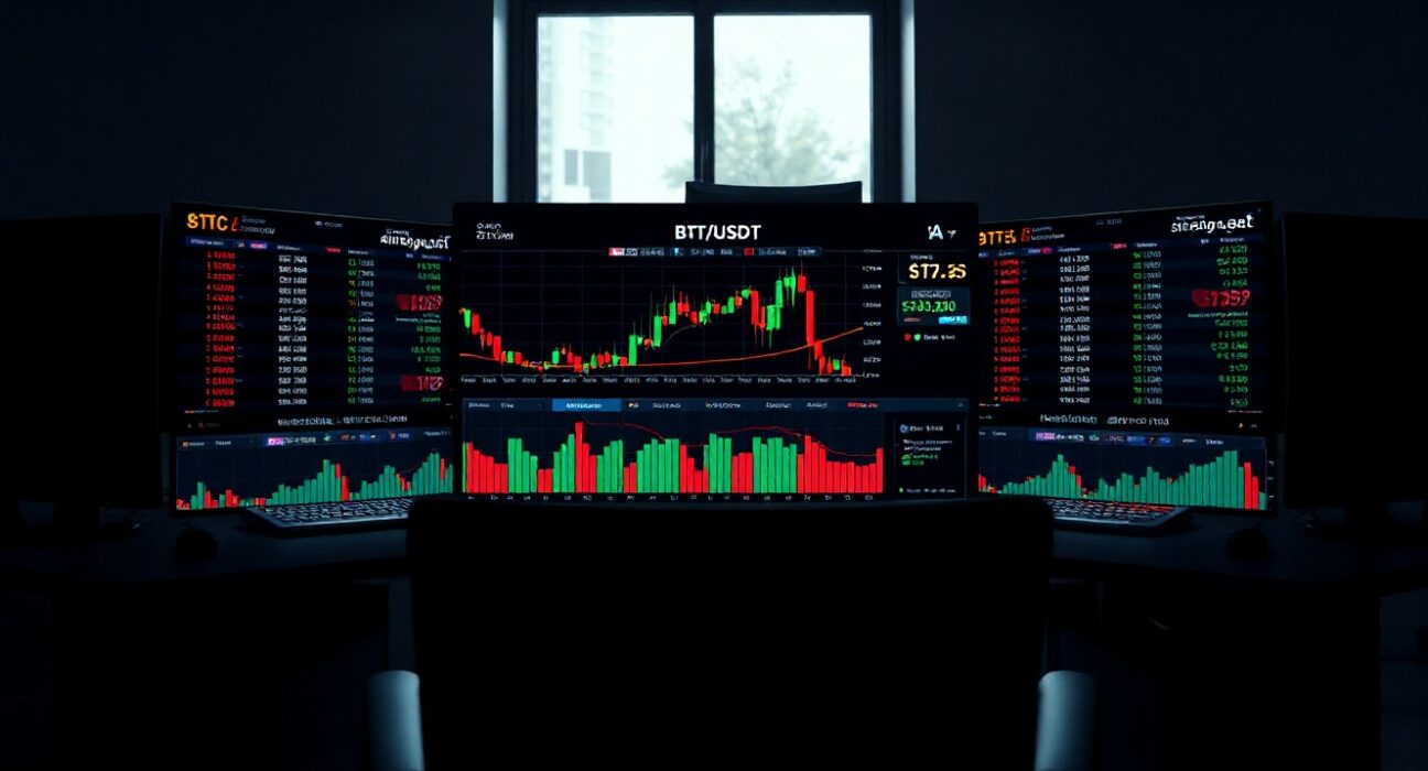 Trading desk monitor showing BTC/USDT Spot CVD chart with Volume Heatmap and Cumulative Volume Delta indicator